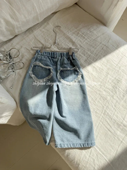 Girls’ Lace Straight-Leg Jeans – Spring 2025 Korean-Inspired Wide-Leg Denim - Shello's Creative Boutique