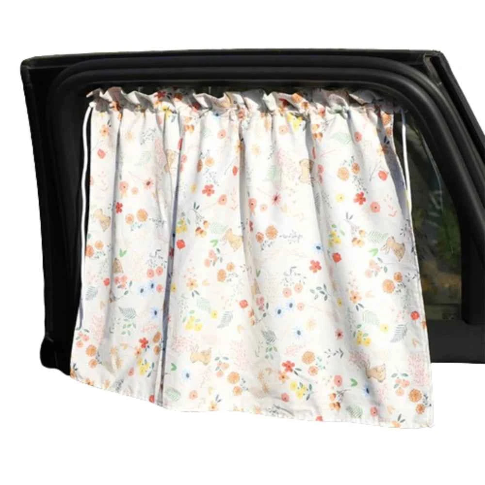 Suction Cup Car Curtains Cute Cartoon Animal/Floral Sunshade Curtain UV Protection Cotton Car Window Cover Car Interior