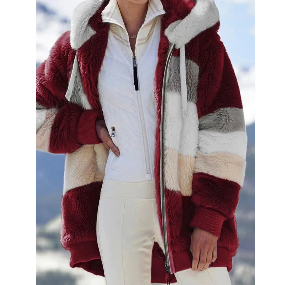 Women's Winter Hooded Coat 2026 - Thick Cashmere Plaid Stitched Jacket with Zipper - Shello's Creative Boutique