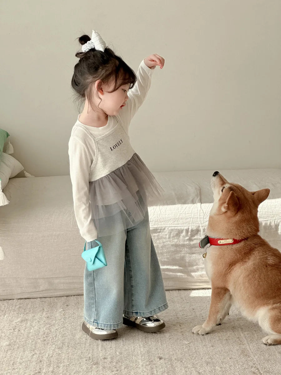 Girls Lace Straight Leg Jeans 2025 Spring Children Clothing Pants Children Korean Wide Leg Denim Pants Shello's Creative Boutique