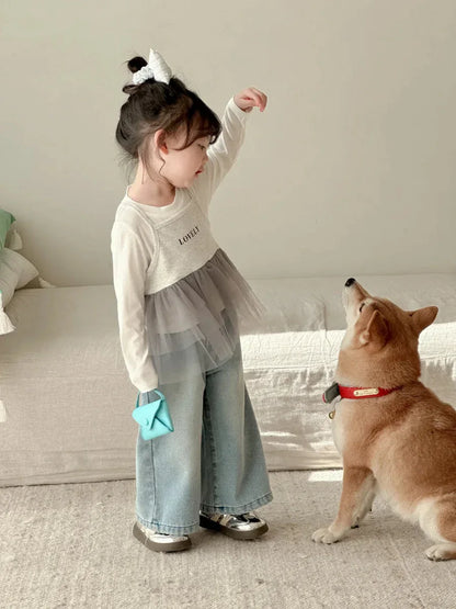 Girls’ Lace Straight-Leg Jeans – Spring 2025 Korean-Inspired Wide-Leg Denim - Shello's Creative Boutique