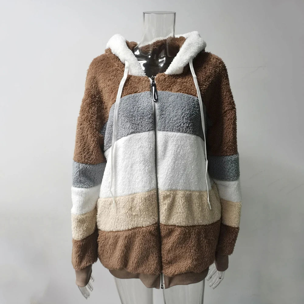 Women's Winter Hooded Coat 2026 - Thick Cashmere Plaid Stitched Jacket with Zipper - Shello's Creative Boutique