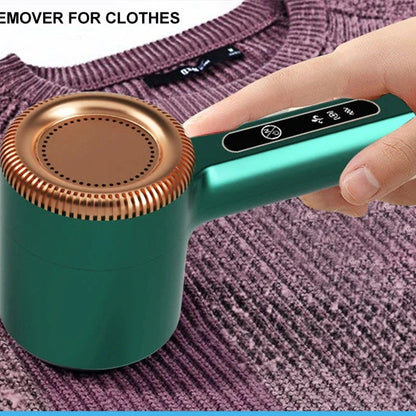 Lint remover for clothes held by a hand on a textured fabric background with promotional text.