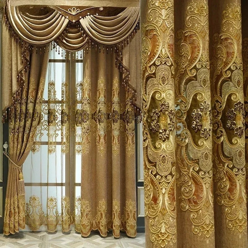 European Luxury Chenille Embroidered Curtains - Coffee Color Villa Valance for Living Room & Bedroom - Shello's Creative Boutique