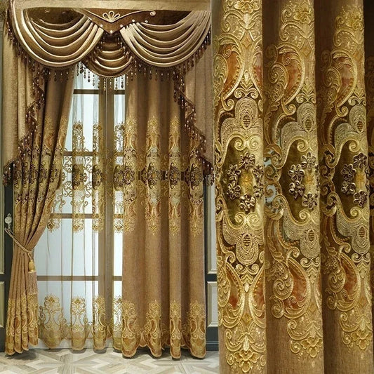 European Luxury Chenille Embroidered Curtains - Coffee Color Villa Valance for Living Room & Bedroom - Shello's Creative Boutique