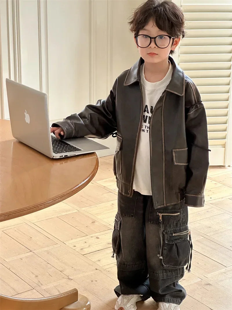 Children Clothing Fashion Casual All Match Leather Coat 2024 Fall New Boys Girls Retro Cool Jacket Solid Color Simple Coat Shello's Creative Boutique