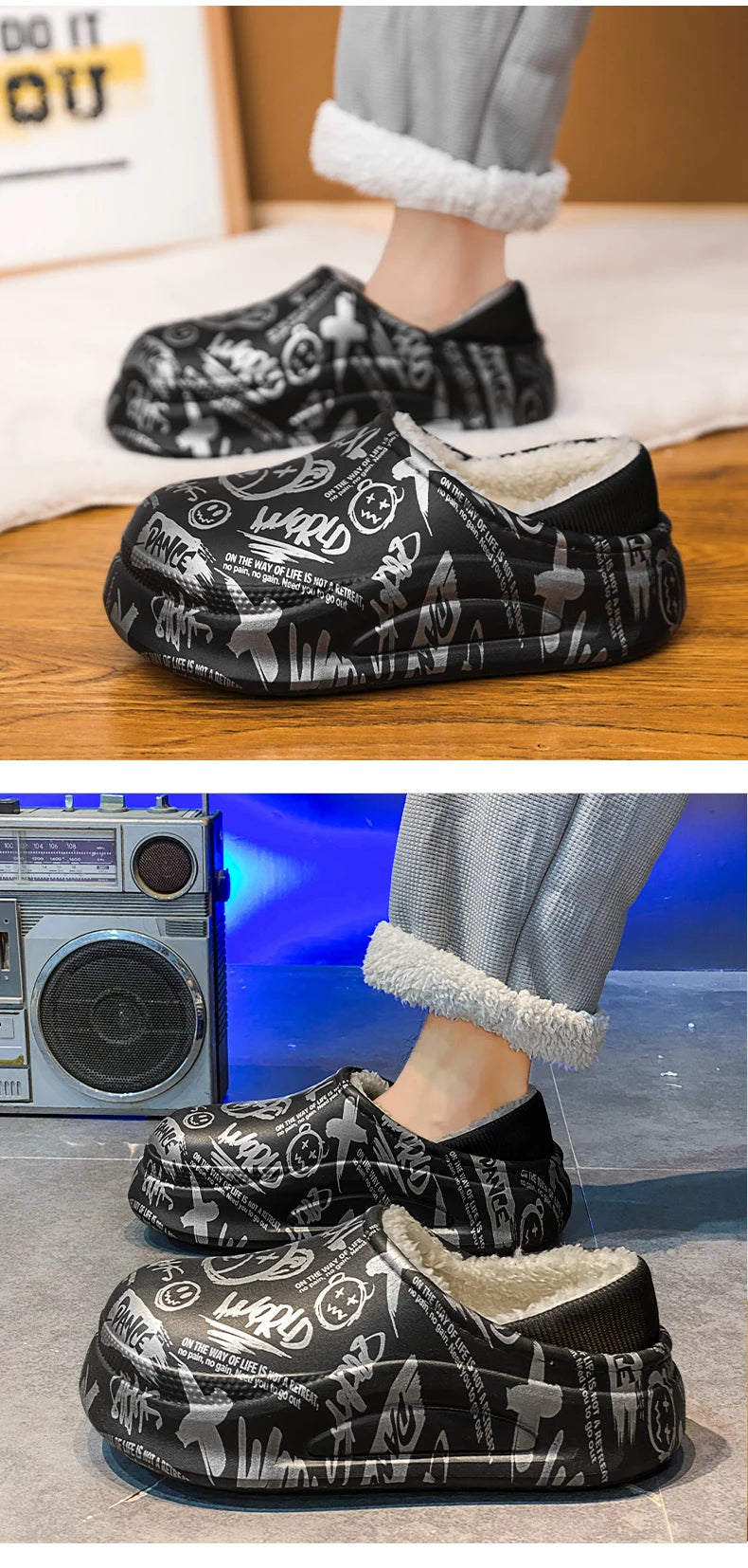 Men's Winter Indoor Slippers – Black & Beige