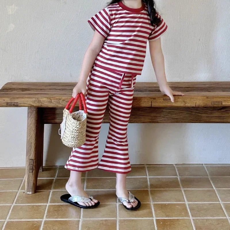 Girls’ Summer Line-Drawing 2-Piece Set – Striped Art-Inspired Tee & Wide-Leg Culottes Shello's Creative Boutique