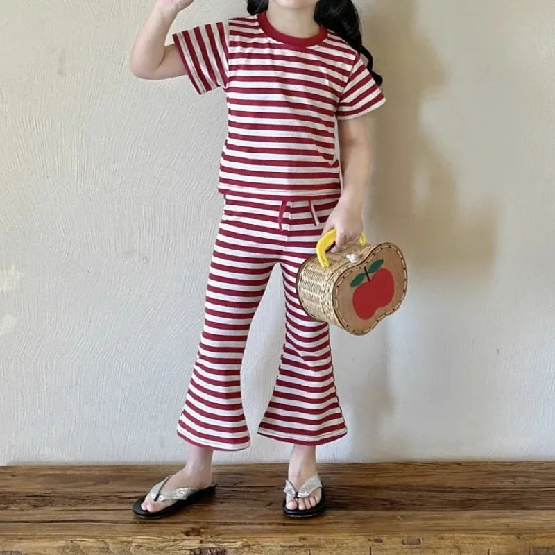 Girls’ Summer Line-Drawing 2-Piece Set – Striped Art-Inspired Tee & Wide-Leg Culottes Shello's Creative Boutique