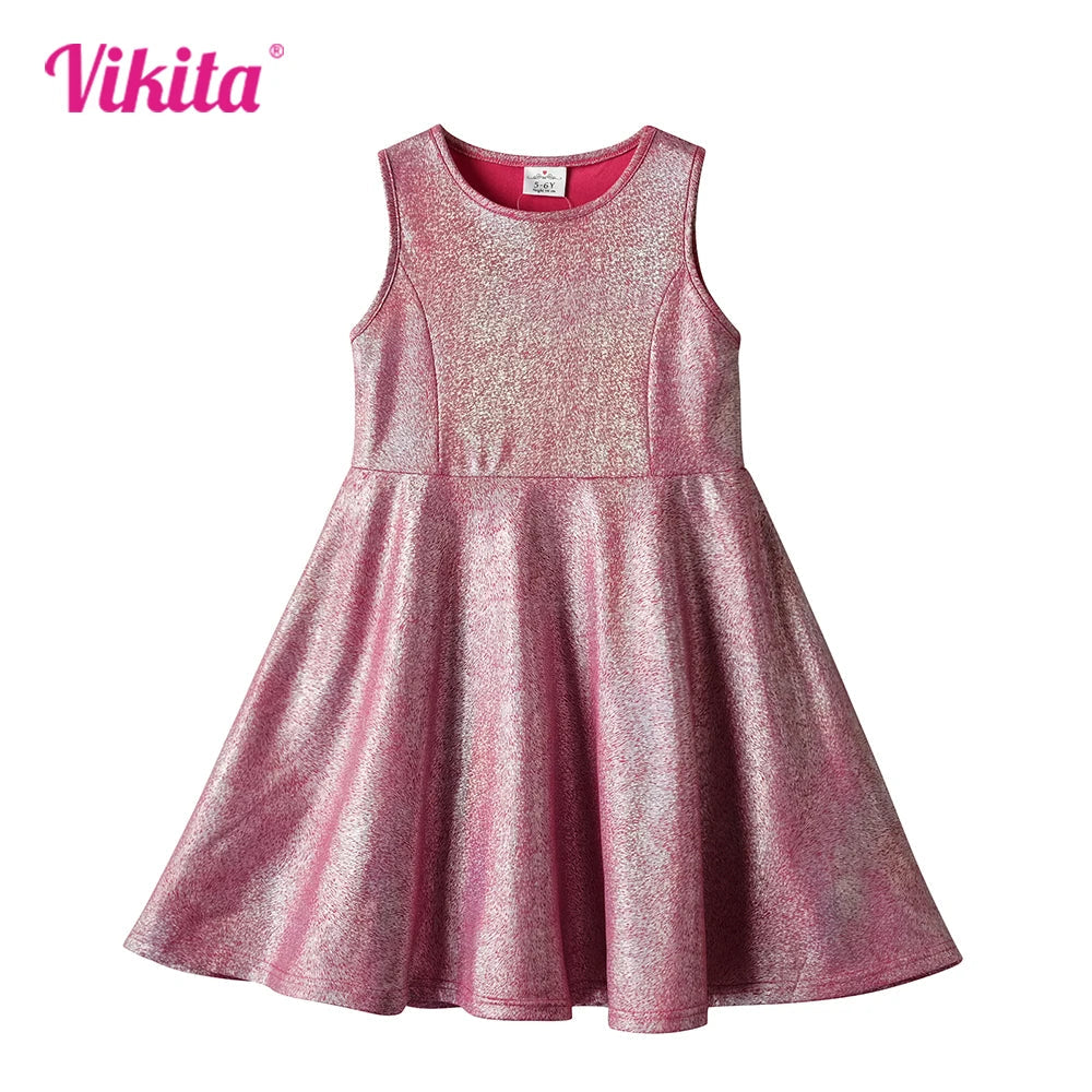 VIKITA Summer Princess Party Dress for Girls – Sleeveless Shiny Ball Gown with Patchwork Mesh Skirt (Ages 4–6) Shello's Creative Boutique