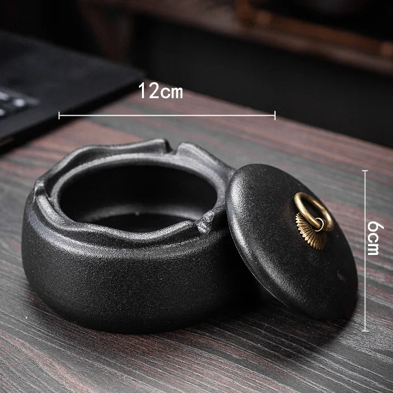 Creative Ceramic Ashtray with Lid – Anti-Fly Ash Desktop Ornament, 18 Styles