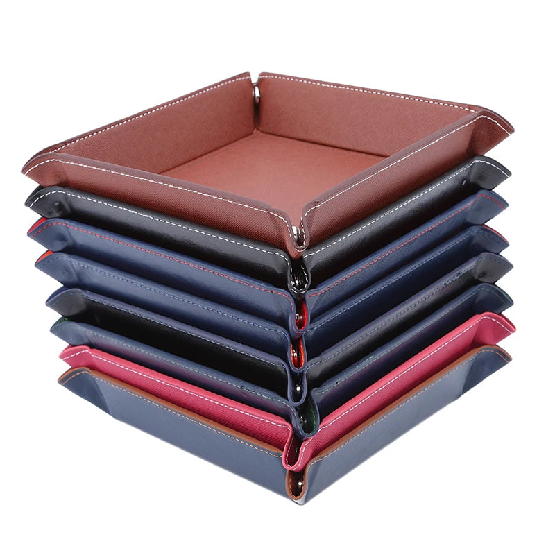 PU Leather Folding Valet Tray – Collapsible Desktop Storage for Keys, Phone, Wallet & Coins