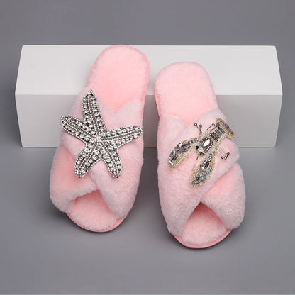 Women's Fur Slides - Fluffy Cross Strap Slippers with Starfish Lobster Decor - Shello's Creative Boutique