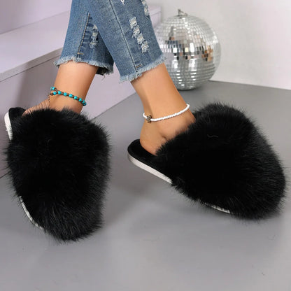 Women's Winter Fashion Fur Slippers - Fluffy Plush Anti-Slip Outdoor Slides - Shello's Creative Boutique