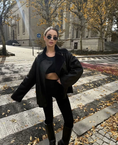 Women's Oversized Winter Jacket - Double-Sided Collar Warm Long Sleeve Coat