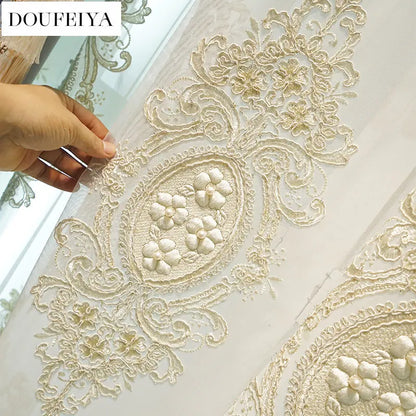 Modern European Luxury Curtains - Blue Velvet Spliced Tassel with Embroidered Tulle