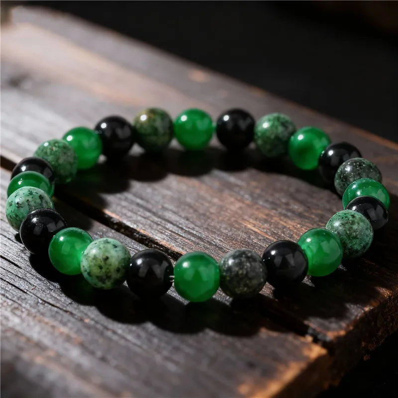 8mm Green & Black Natural Stone Beaded Bracelet – Handmade Elastic