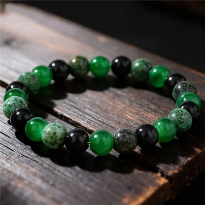 8mm Green & Black Natural Stone Beaded Bracelet – Handmade Elastic