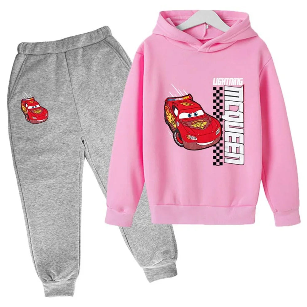 MINISO Kids' Lightning McQueen 2-Piece Tracksuit – Unisex Hooded Sweatshirt & Pants Set Shello's Creative Boutique