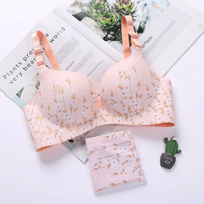 NURRASA Seamless Push-Up Bra & Panty Set – Sexy Floral Wire-Free Lingerie for Women, 3/4 Cup Adjustable Brassiere & Briefs (Sizes 70AB–85AB)