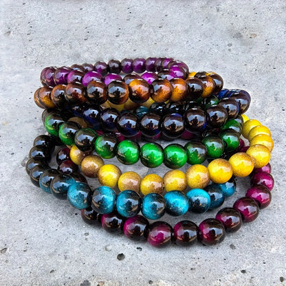 7-Piece Glass Tiger Eye Bead Bracelet Set – Colourful Good Luck Bracelets for Men & Women