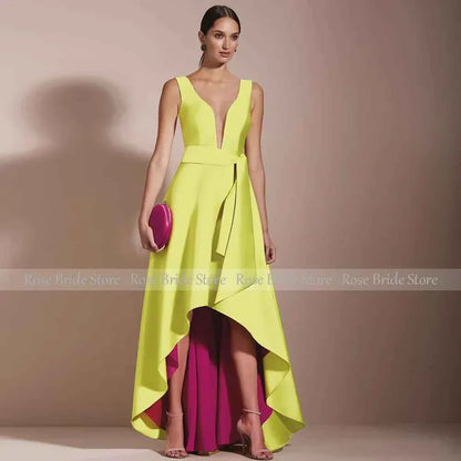 Deep V-Neck Asymmetrical Evening Dress - A-Line High-Low Gown with Color Contrast - Shello's Creative Boutique