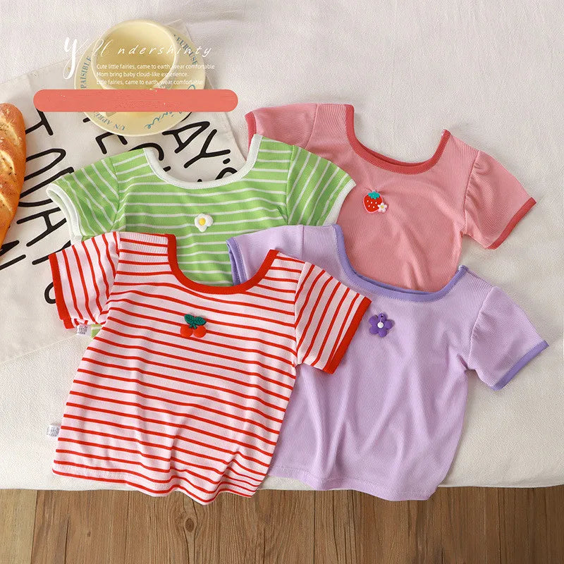 Striped Square Collar Baby Girl Summer Tee – MINISO Short Sleeve Casual Top for Ages 3M–5Y Shello's Creative Boutique