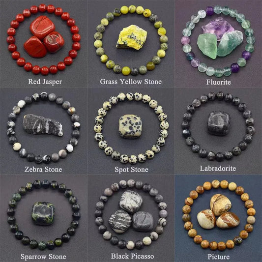 8mm Natural Stone Beaded Bracelet – Amethyst, Crystal, Agate & Tiger Eye