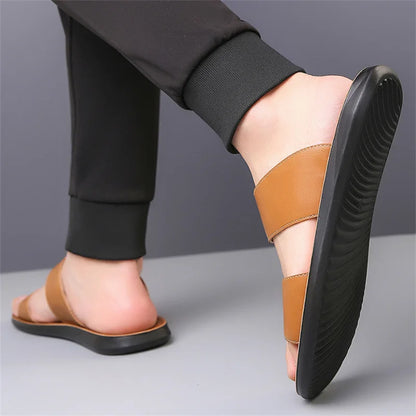 Men's Luxury Leather - Non-Slip Beach Sandals & Flat Casual Slides (Large Size 48) - Shello's Creative Boutique
