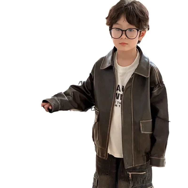 Children Clothing Fashion Casual All Match Leather Coat 2024 Fall New Boys Girls Retro Cool Jacket Solid Color Simple Coat Shello's Creative Boutique