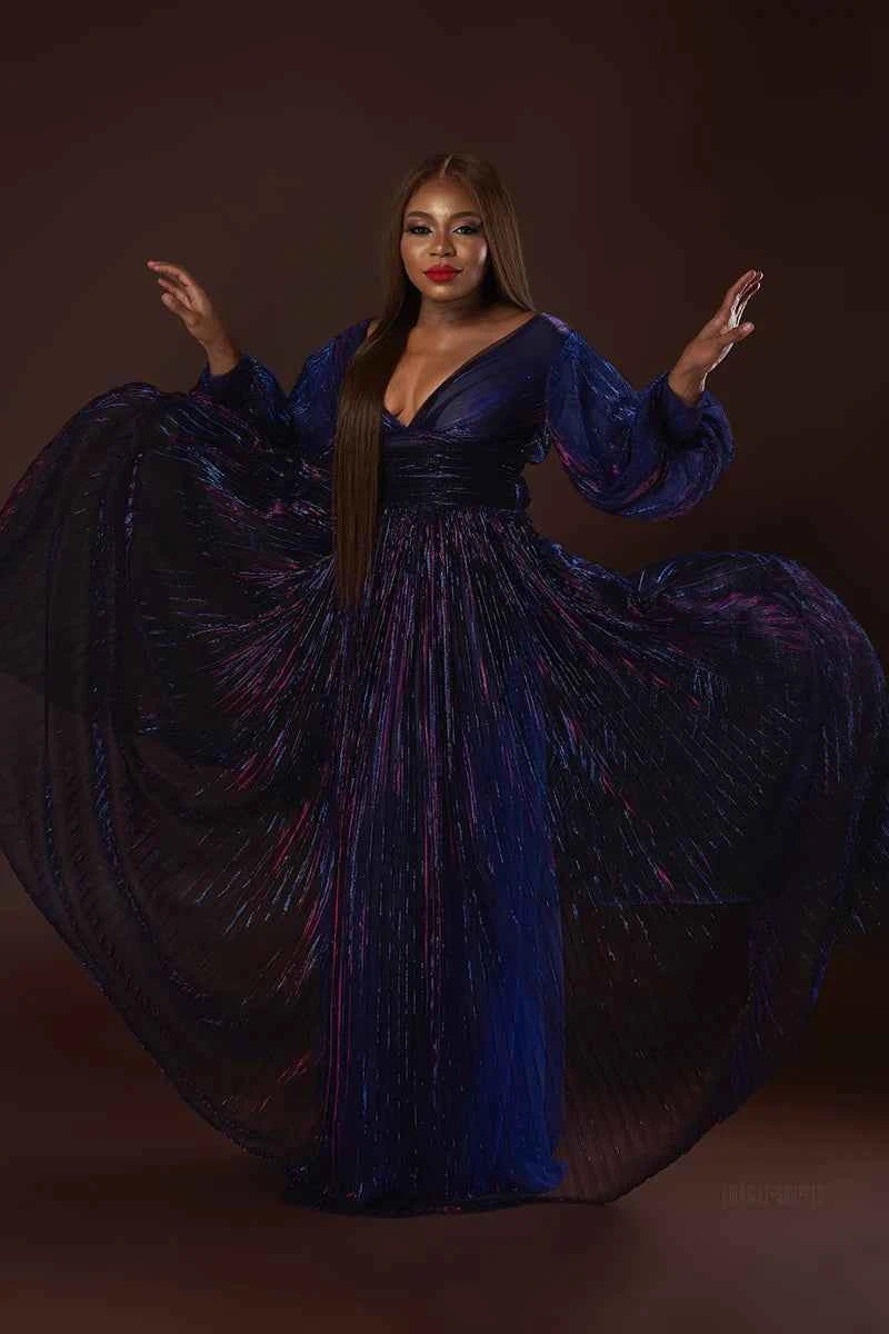 Plus Size Formal Multicolor Pleated V Neck Long Sleeves Maxi Dress