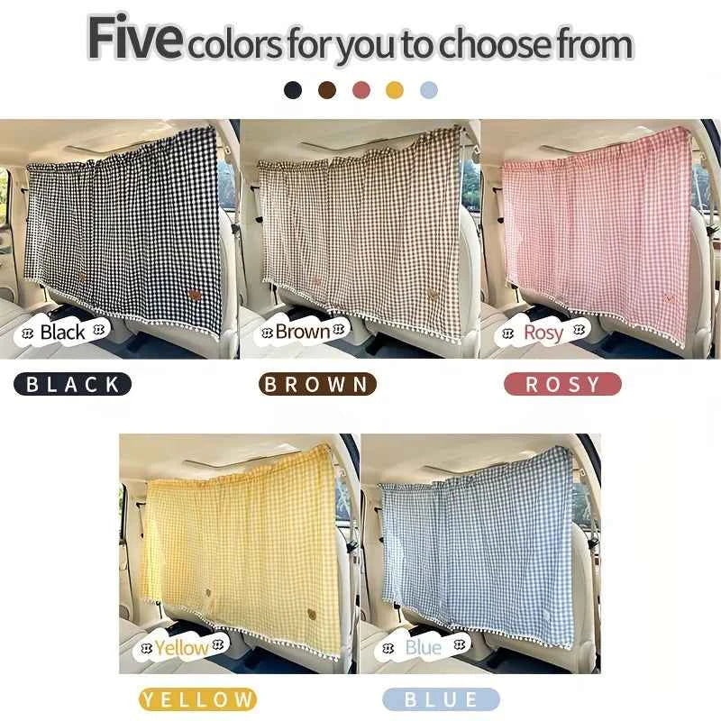 A Set of Car Interior Partition Curtains - Checkered Car Partition Curtains, Sunshade Car Curtains, Cute Bear Design Retractable