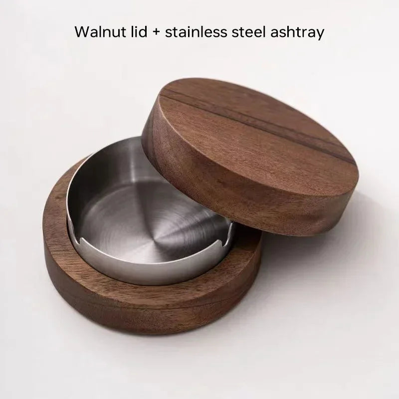 Stainless Steel & Walnut Wood Desktop Ashtray with Lid – Windproof