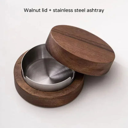 Stainless Steel & Walnut Wood Desktop Ashtray with Lid – Windproof