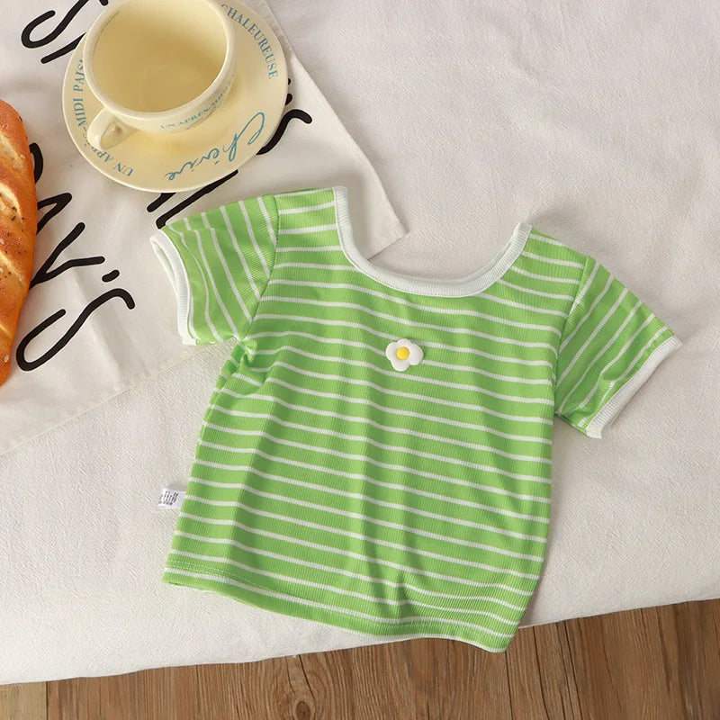 Striped Square Collar Baby Girl Summer Tee – MINISO Short Sleeve Casual Top for Ages 3M–5Y Shello's Creative Boutique