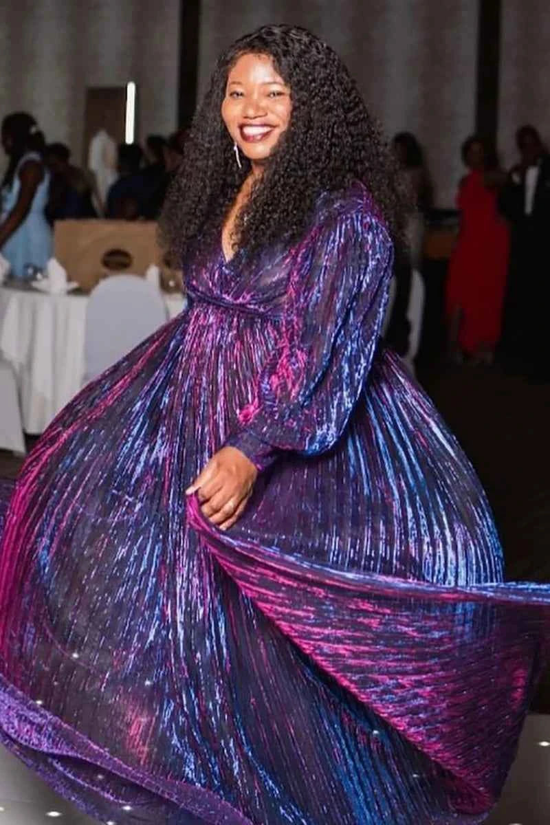 Plus Size Formal Multicolor Pleated V Neck Long Sleeves Maxi Dress