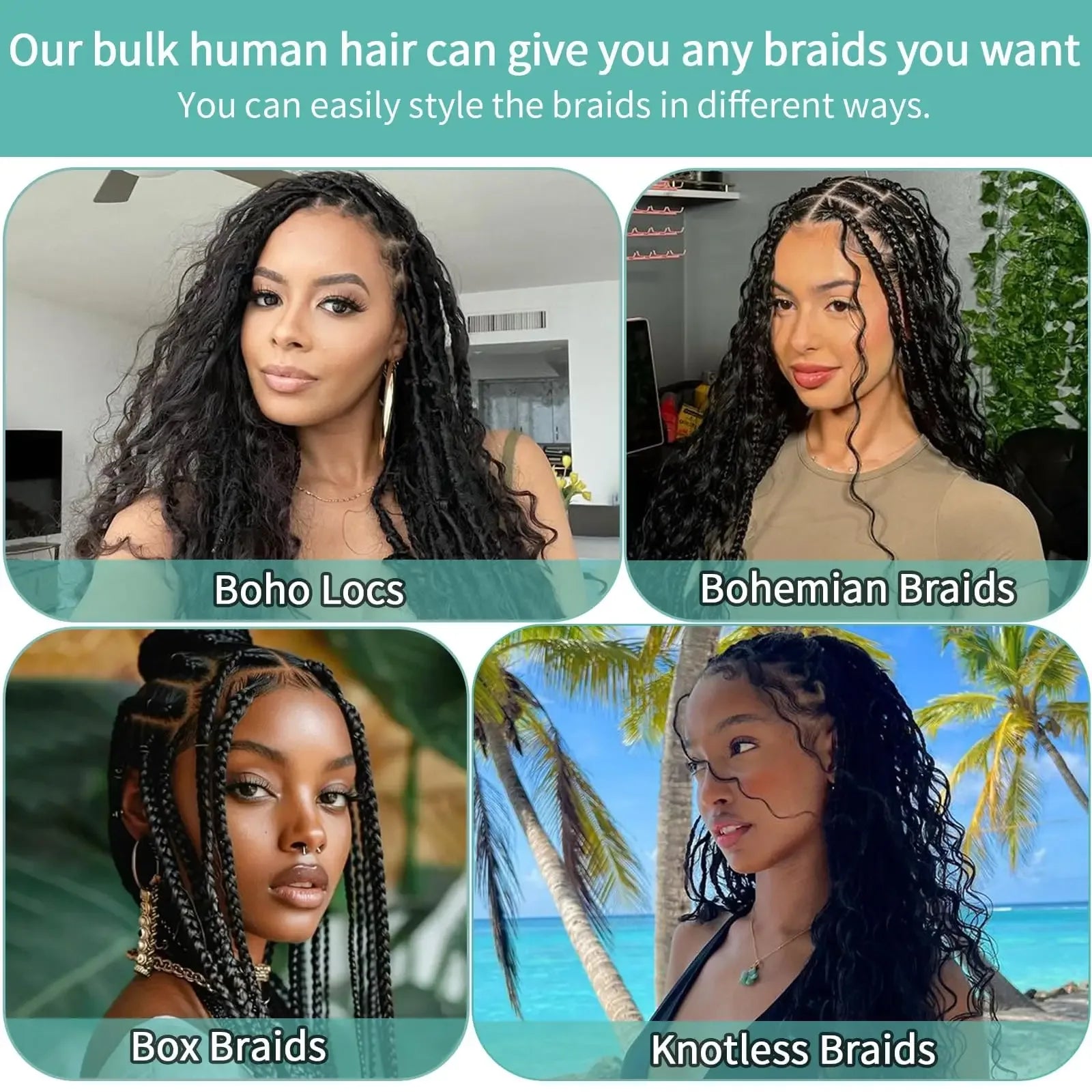 12A Human Braiding Hair #1B - Deep Wave Curly Boho Knotless Braids (50g-100g) - Shello's Creative Boutique