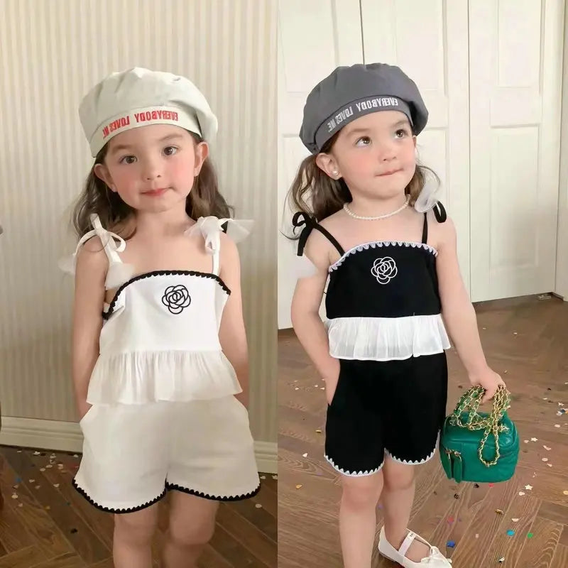 Angela Wonder Girls’ Summer Suspender + Shorts Set – Sleeveless Cotton 2-Piece Outfit Shello's Creative Boutique