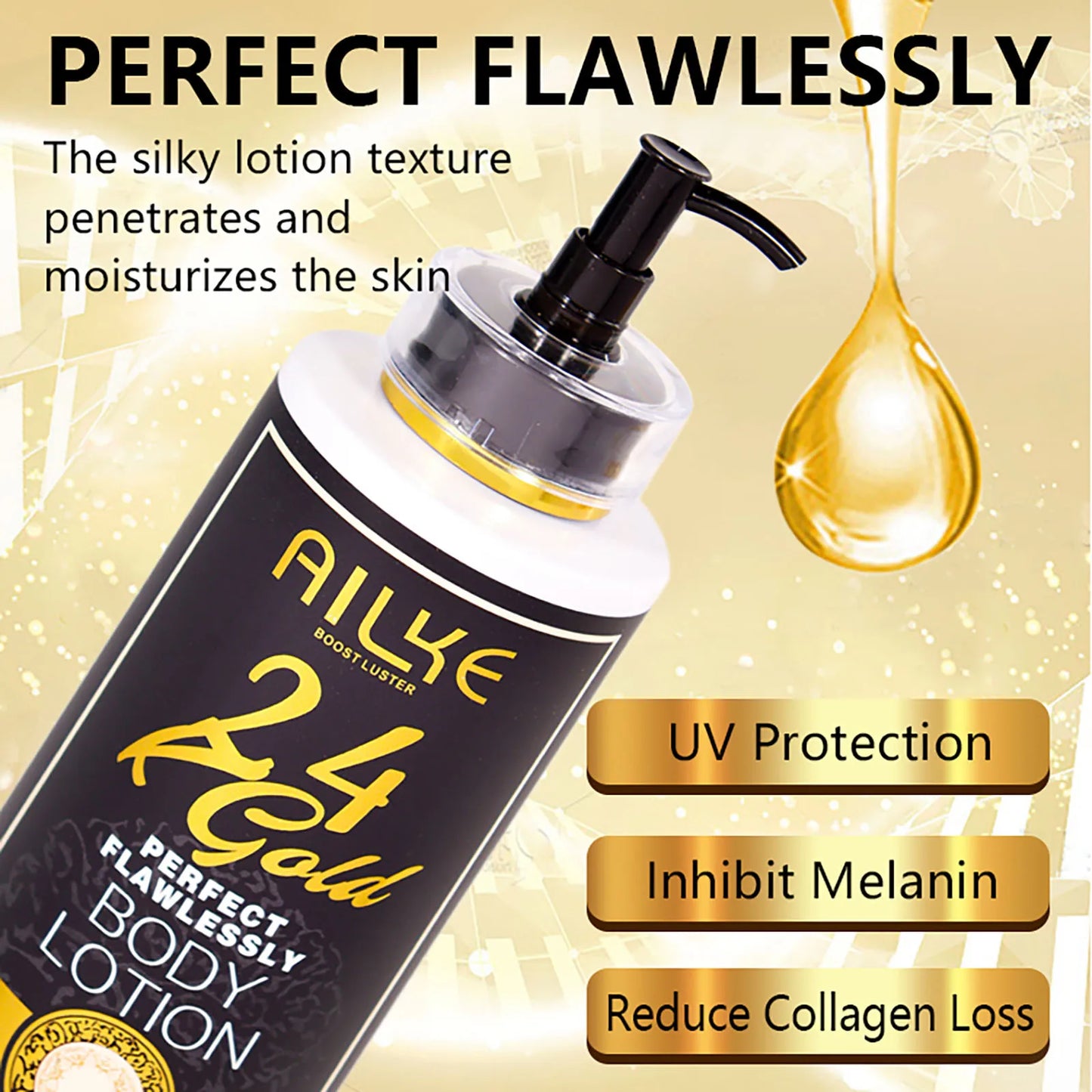 AILKE 24k Gold Perfect Flawlessly Body Lotion, Whitening, Inhibit Melanin, Moisturizing, UV Protect, With Nicotinamide Vitamin C - Shello's Creative Boutique
