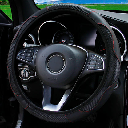 PU Carbon Fiber Leather Car Steering Wheel Cover - 14.5-15 Inches