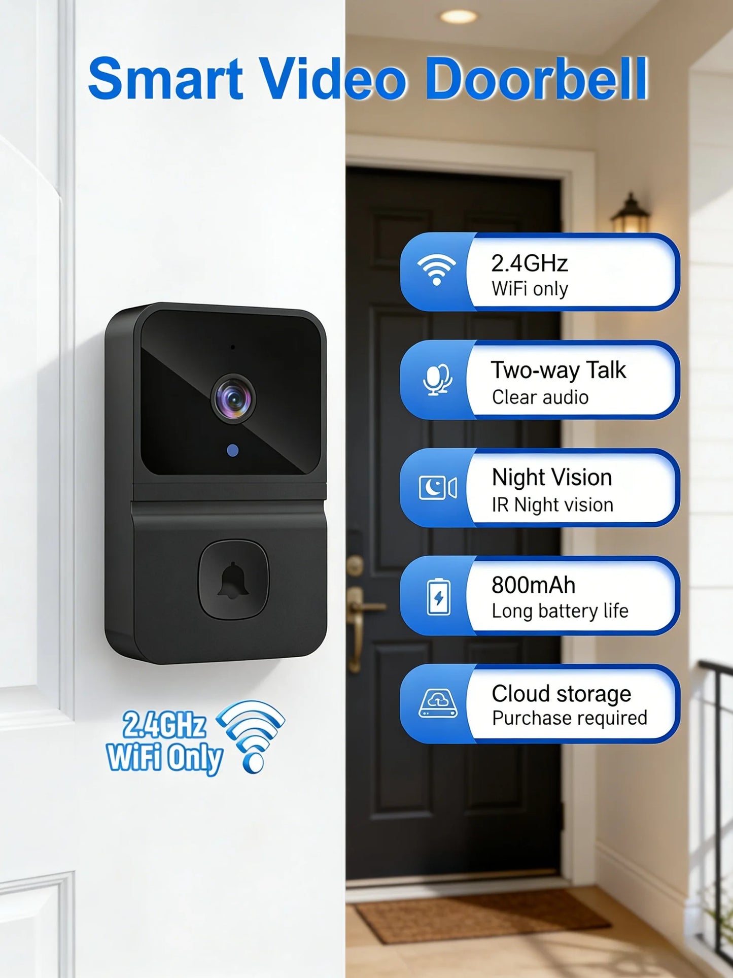 Wireless WiFi Outdoor Doorbell Camera with HD Video, Night Vision & Kement App