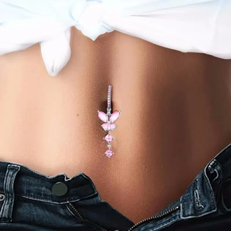 Pink Butterfly Crystal Belly Button Ring