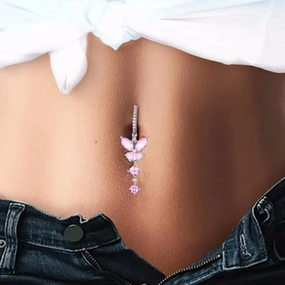 Pink Butterfly Crystal Belly Button Ring