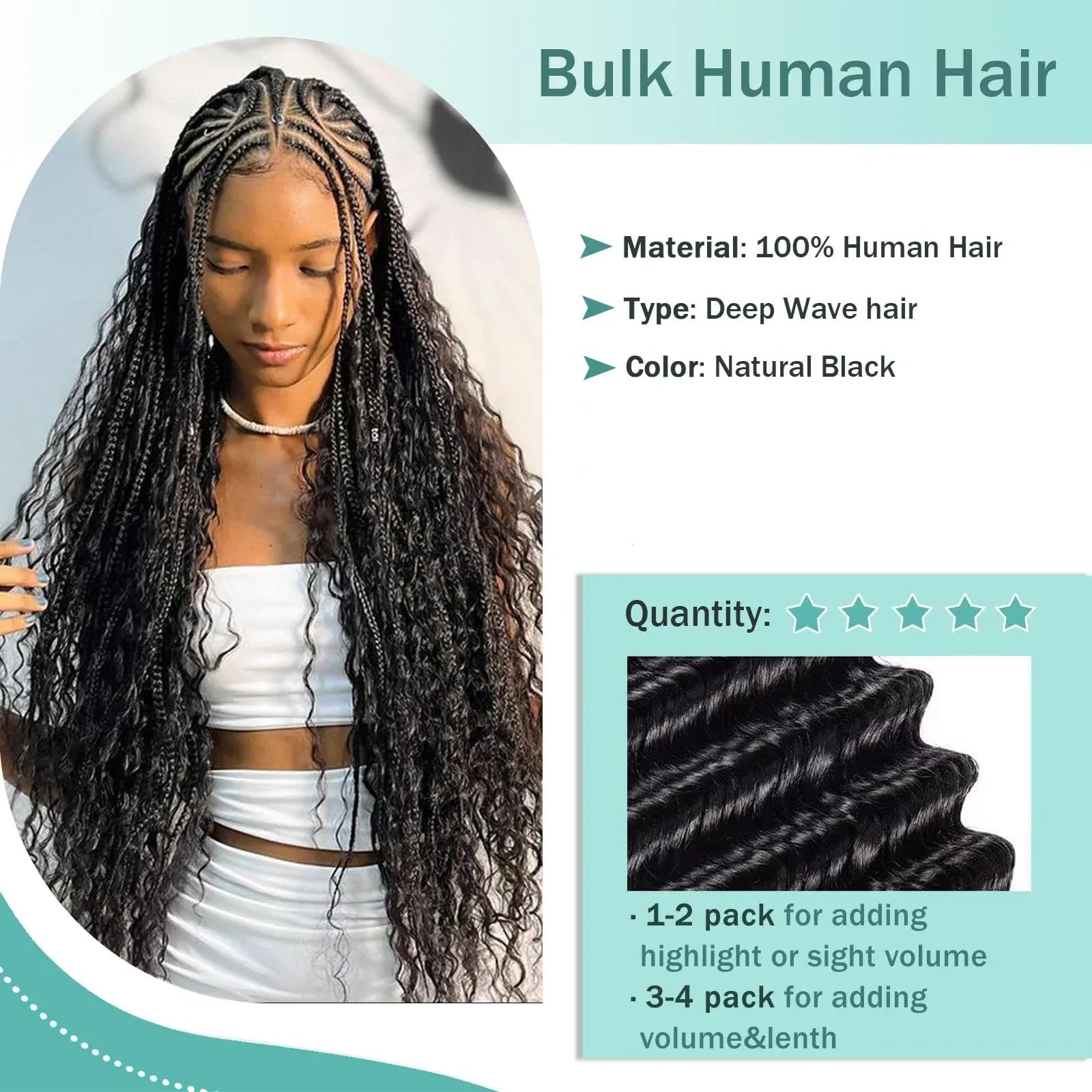 12A Human Braiding Hair #1B - Deep Wave Curly Boho Knotless Braids (50g-100g) - Shello's Creative Boutique