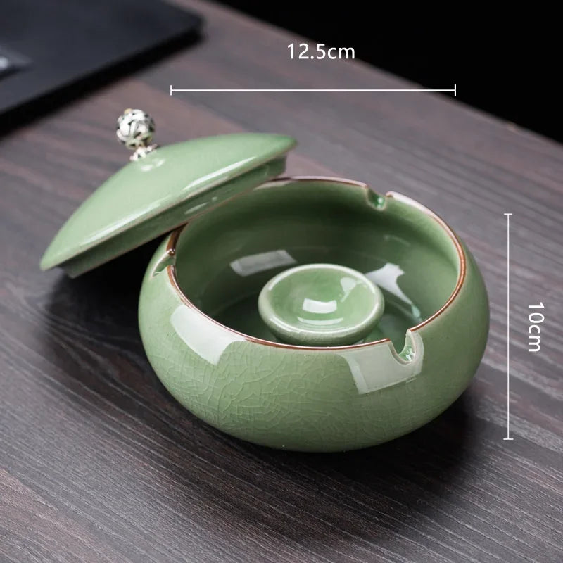 Creative Ceramic Ashtray with Lid – Anti-Fly Ash Desktop Ornament, 18 Styles