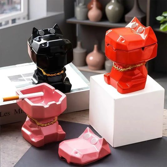 Dog Shaped Ceramic Ashtray with Lid – Windproof Cute Animal Figurine Décor