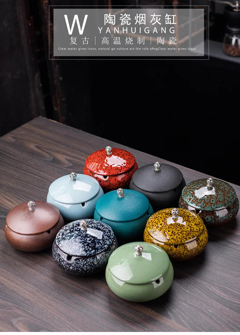 Creative Ceramic Ashtray with Lid – Anti-Fly Ash Desktop Ornament, 18 Styles