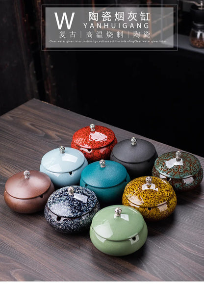 Creative Ceramic Ashtray with Lid – Anti-Fly Ash Desktop Ornament, 18 Styles