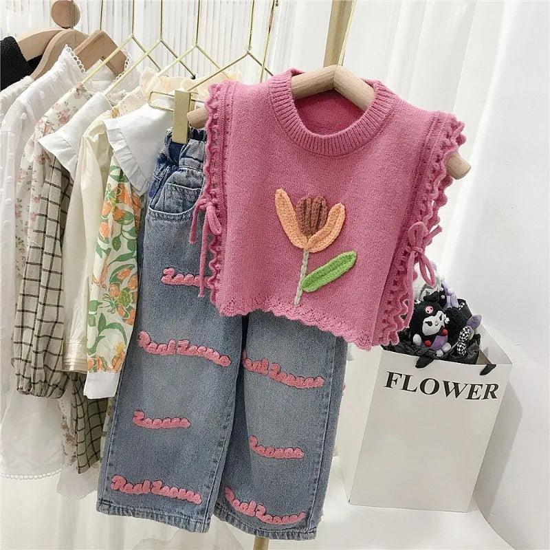 Girls’ Pink Knitted Waistcoat & Denim Jeans Set – Fashion Toddler Summer Outfit (Ages 2–7) Shello's Creative Boutique