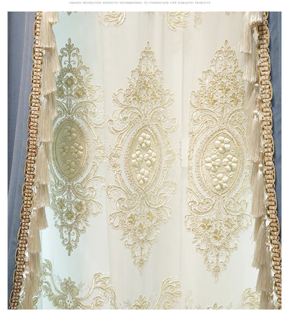 Modern European Luxury Curtains - Blue Velvet Spliced Tassel with Embroidered Tulle